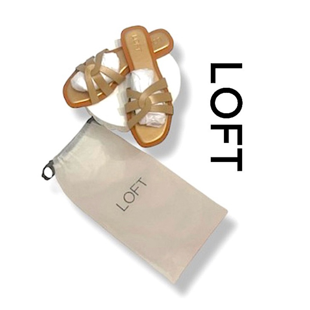 NWOT! LOFT Gold Leather Strappy Slide Sandals Womens 11 Dust Bag Slip On Flats